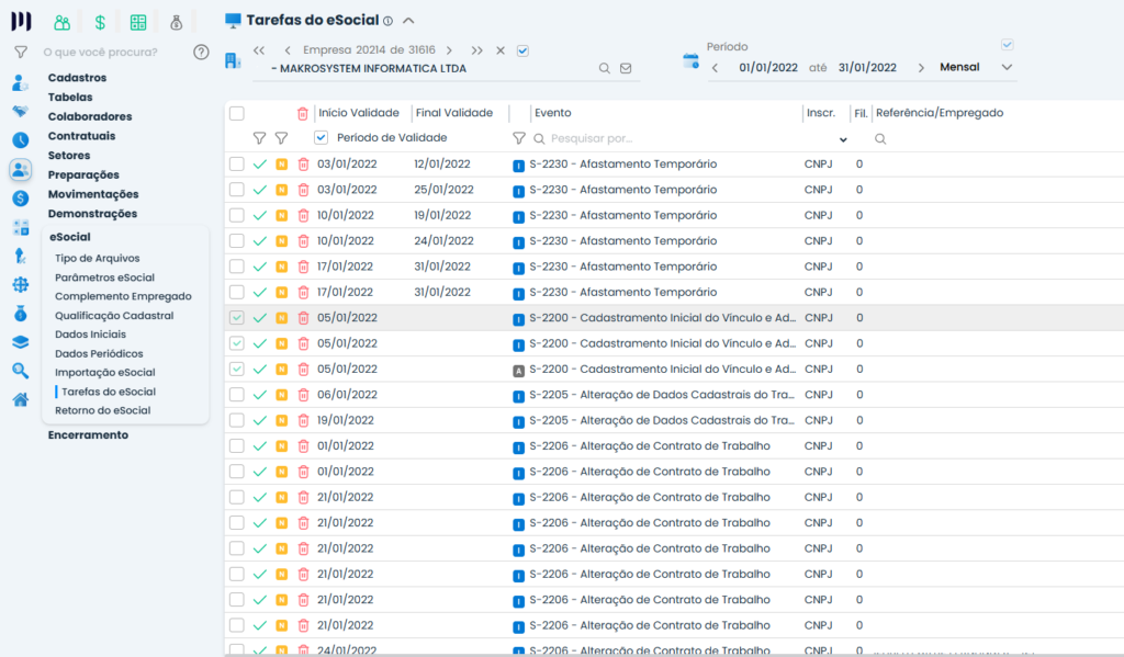 Tela do sistema contábil makrosystem, no campo de tarefas eSocial