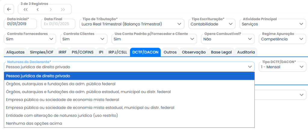 Tela da Tributação Federal no sistema contábil Makrosystem sobre o Erro DIRF.