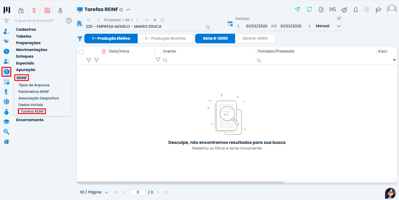 Esta imagem mostra a tela do sistema makro no processo de Validação: Para você encerrar o período, primeiro deverá enviar o evento da REINF: R-1000. com destaque no módulo fiscal , REINF, Tarefas Reinf