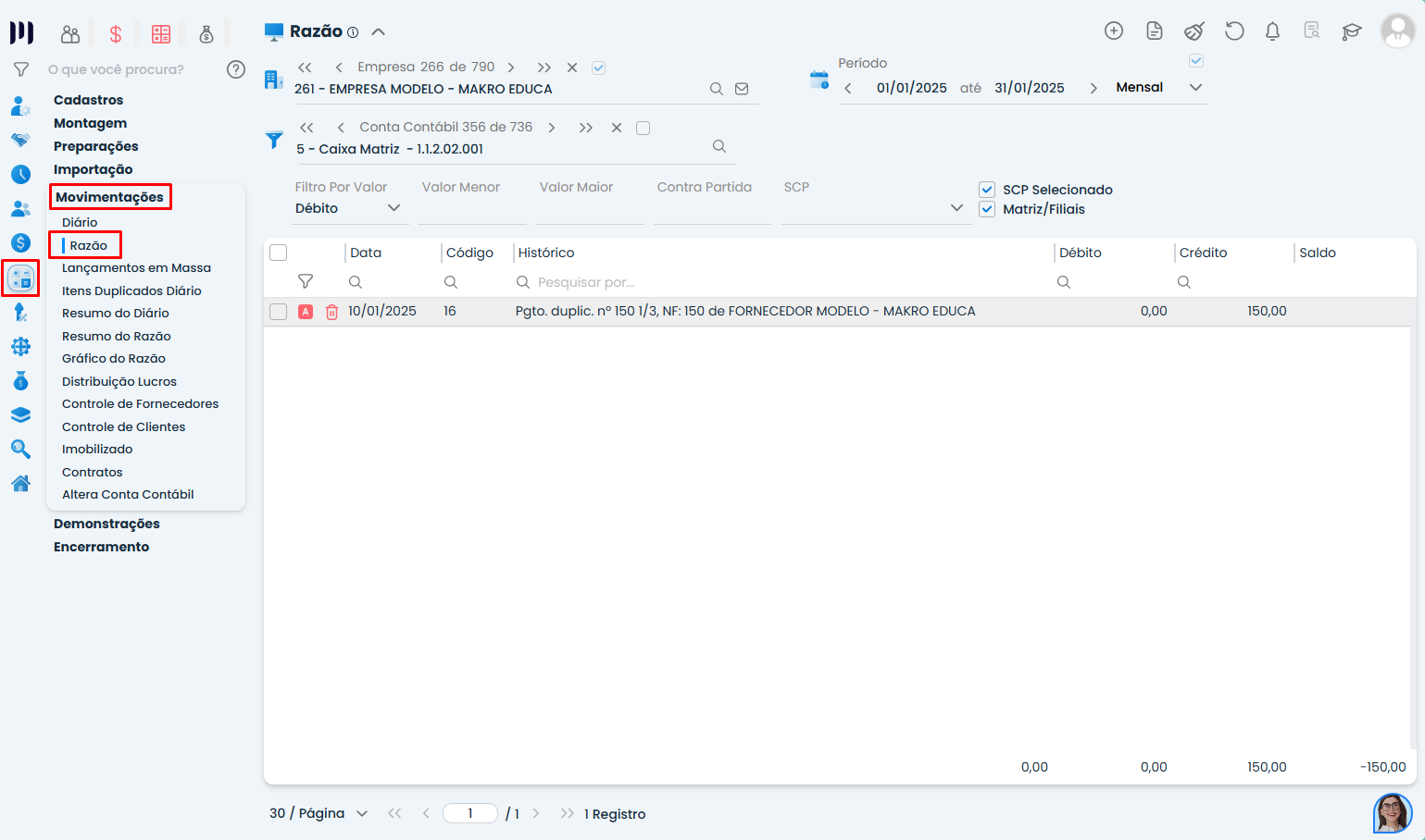 Esta imagem mostra a tela do sistema makro no processo de Validação: Saldo de Caixa Negativo. Com destaque no Módulo contábil, movimentações, razão