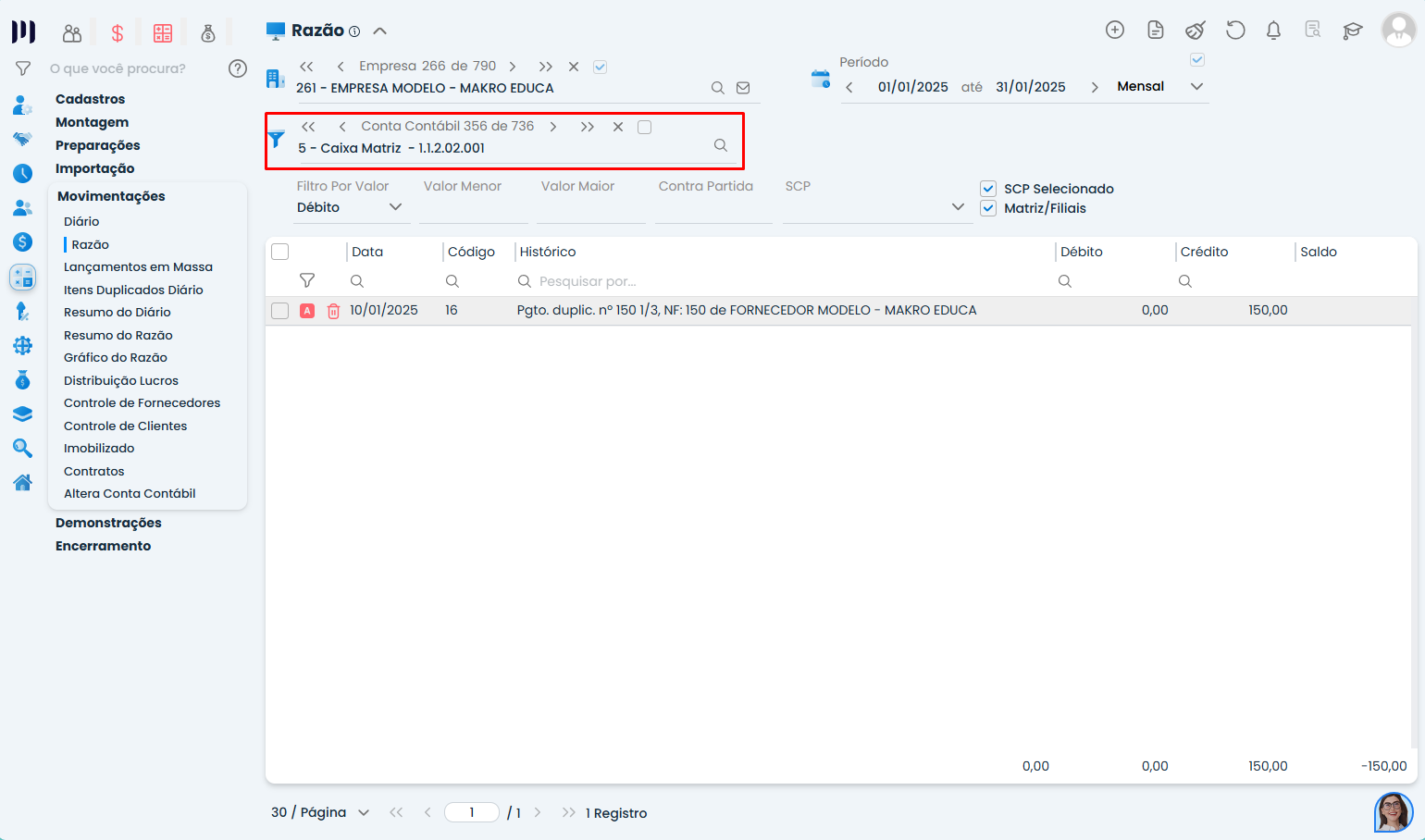 Esta imagem mostra a tela do sistema makro no processo de Validação: Saldo de Caixa Negativo. Com destaque no Módulo contábil, movimentações, razão, conta contábil