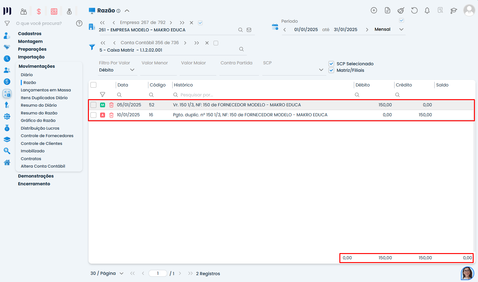 Esta imagem mostra a tela do sistema makro. Com destaque no Módulo contábil, movimentações, razão, campos e valores