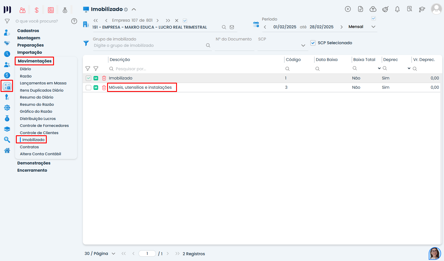 Essa imagem te mostra o passo a passo para acessar o cadastro do imobilizado no sistema Makro.