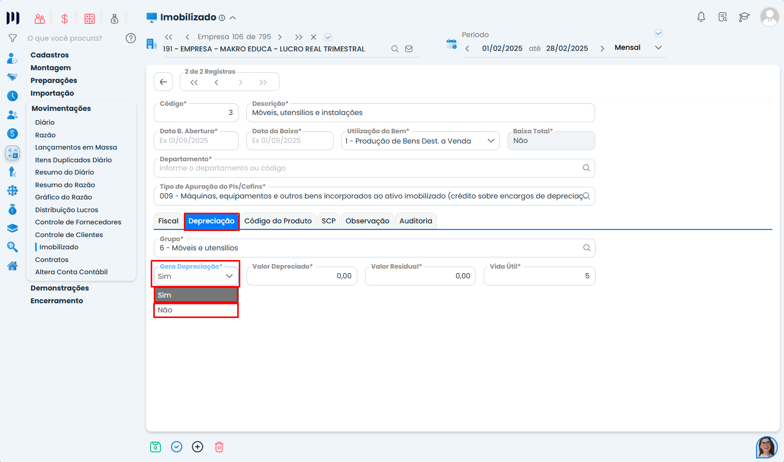 Essa imagem mostra o que você deve selecionar no campo 'Gera Depreciação'.