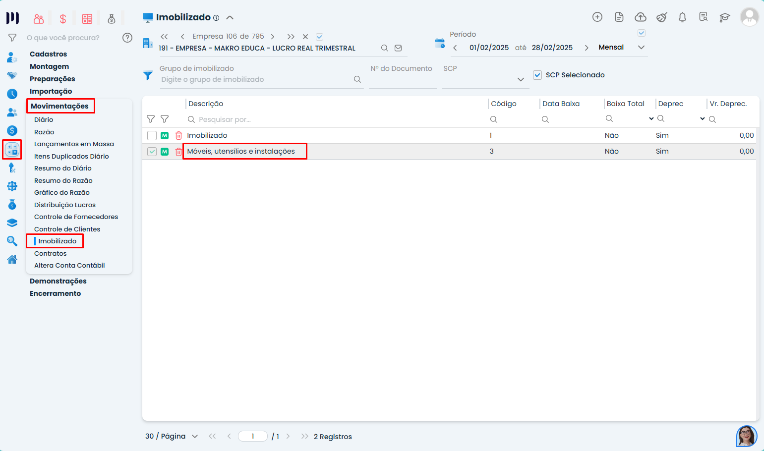 Esta imagem mostra a tela do sistema makro no processo de Como Cadastrar o Valor Residual de Imobilizados. Com destaque no Módulo contábil, movimentações, imobilizado, móveis ,utensílios e instalações