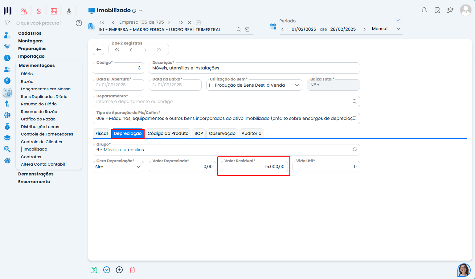 Esta imagem mostra a tela do sistema makro no processo de Como Cadastrar o Valor Residual de Imobilizados. Com destaque no Módulo contábil, movimentações, imobilizado, depreciação , valor residual
