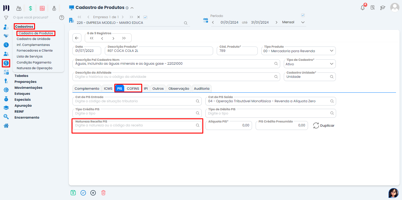 Esta imagem mostra a tela do sistema makro no processo de Validação: Saldo de Caixa Negativo. Com destaque no módulo fiscal, cadastros, cadastro de produtos, aba PIS/COFINS