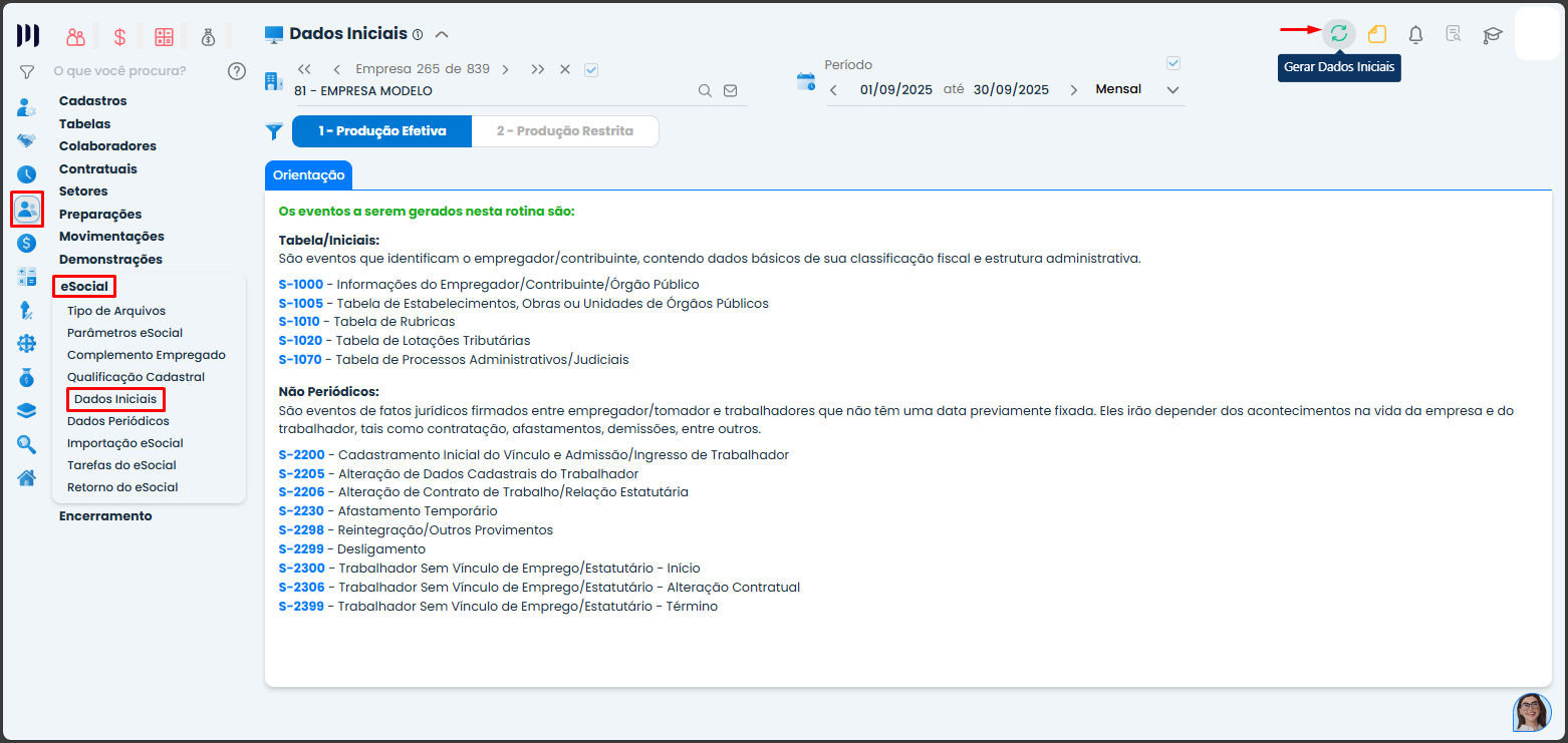 Essa imagem informa que você deve clicar no ícone verde: 'Gerar dados iniciais'.