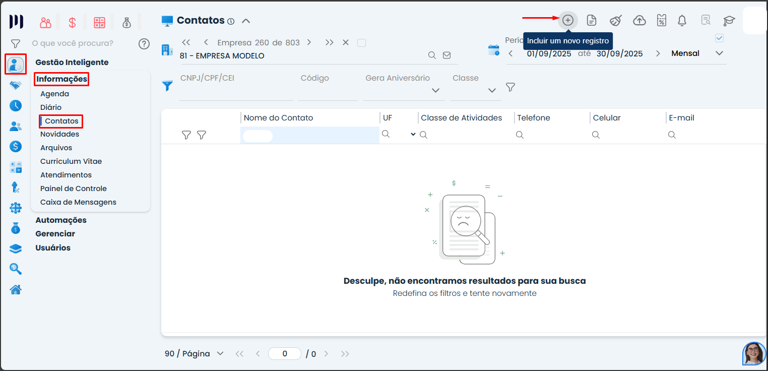 Tela de Contatos do Sistema Contábil Makrosystem. Utilize o caminho Administrar, Informações, Contatos, para chegar nessa página.