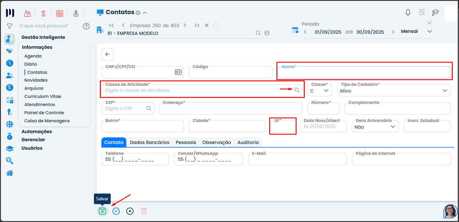 Tela de cadastro de Contatos do Sistema Contábil Makrosystem. Utilize o caminho Administrar, Informações, Contatos, para chegar nessa página.