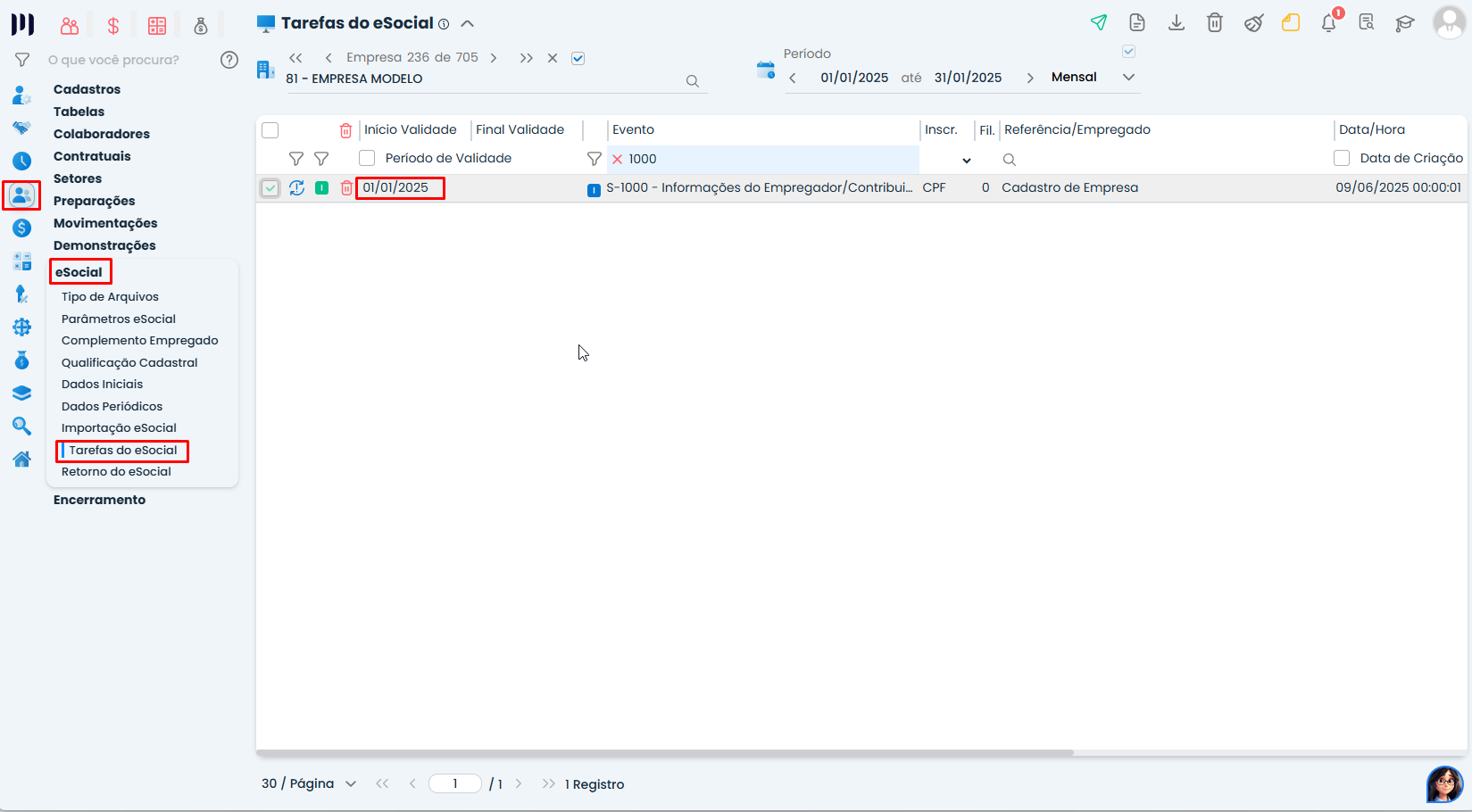 Essa imagem mostra onde você deve acessar para verificar as datas dos eventos S-1000 e S-1005.
