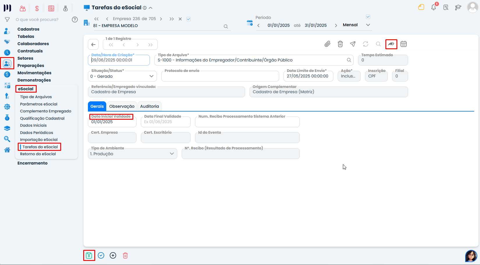 Essa imagem informa que você deve alterar as datas, duplicar e enviar ao eSocial.