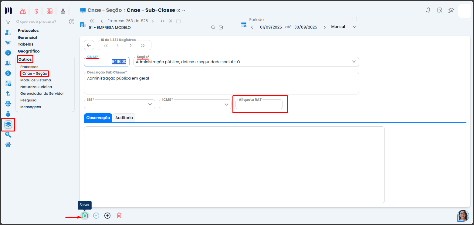 A imagem mostra como adicionar o CNAE e corrigir o campo Alíquota SAT.