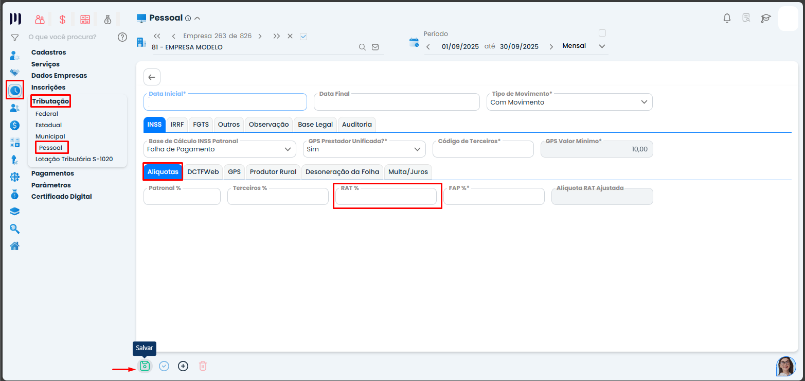 A imagem mostra como ajustar o CNAE para coincidir com o valor da alíquota SAT.