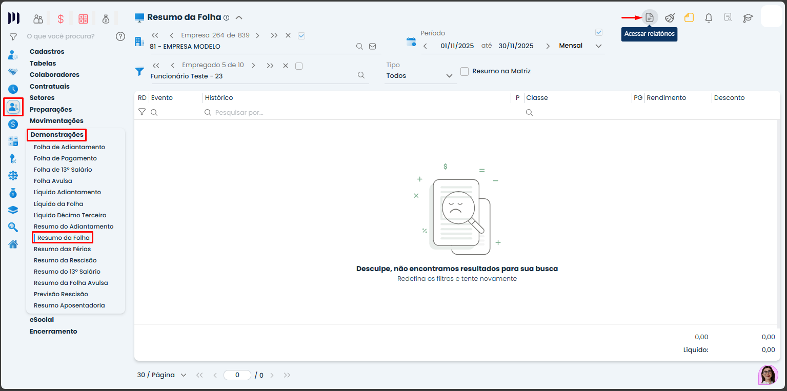 Essa imagem te informa que você deve clicar no ícone marcado para gerar os relatórios.