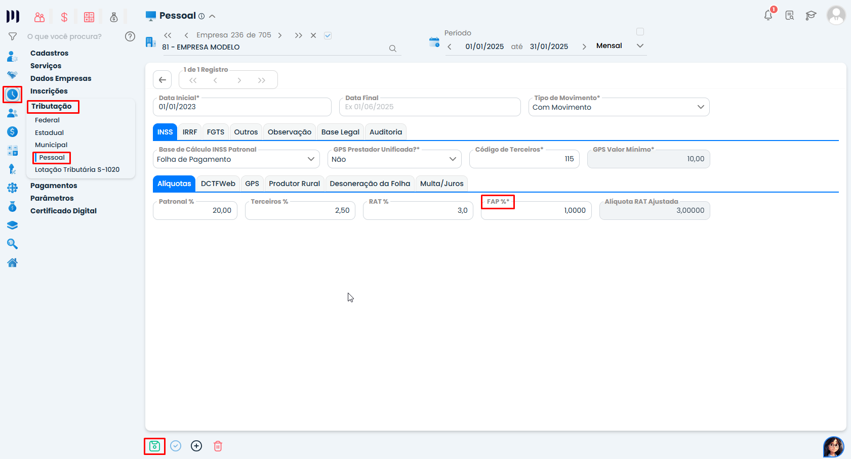 Essa imagem informa que você deve adicionar o FAP correspondente e clicar em salvar.