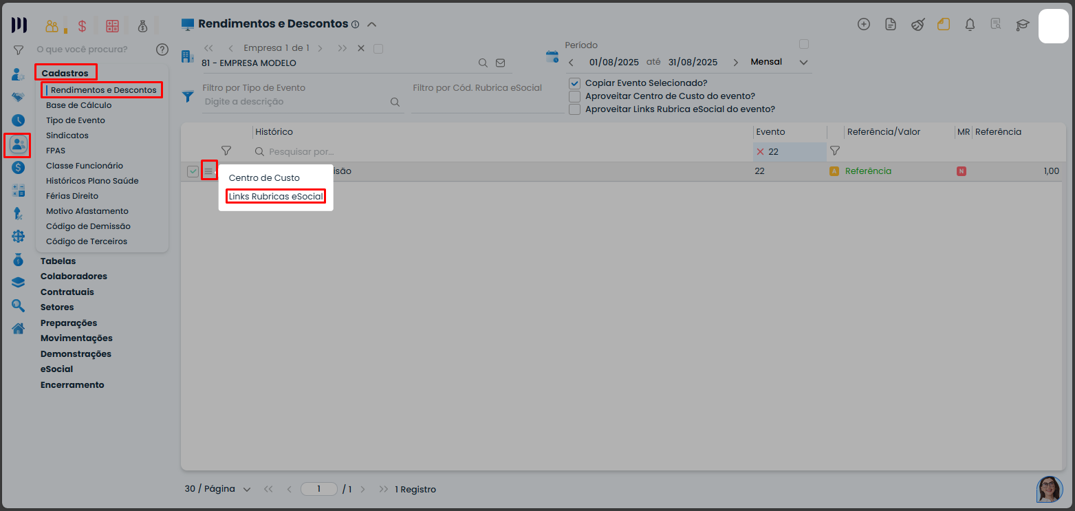 A imagem mostra como verificar a linkagem da rubrica do eSocial no Sistema Makro