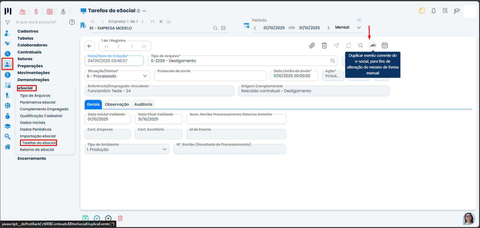 A imagem mostra como duplicar os eventos do eSocial no Sistema Makro