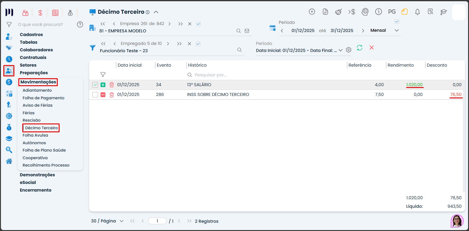 A imagem mostra como identificar o valor do INSS na tela do sistema da Makro no menu de Adiantamento do Décimo Terceiro.