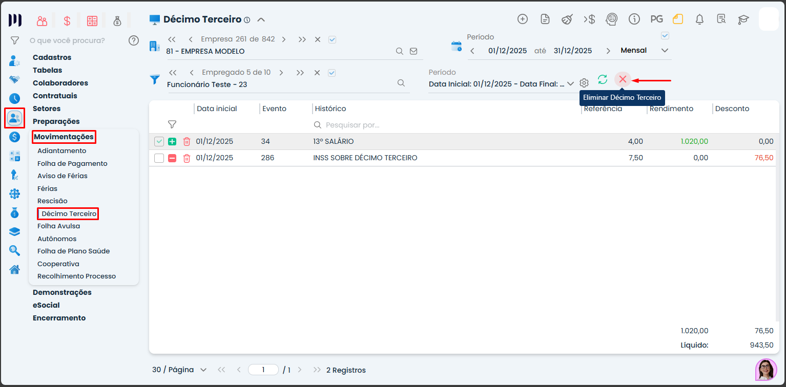A imagem mostra como eliminar o Adiantamento do Décimo Terceiro no Sistema da Makro