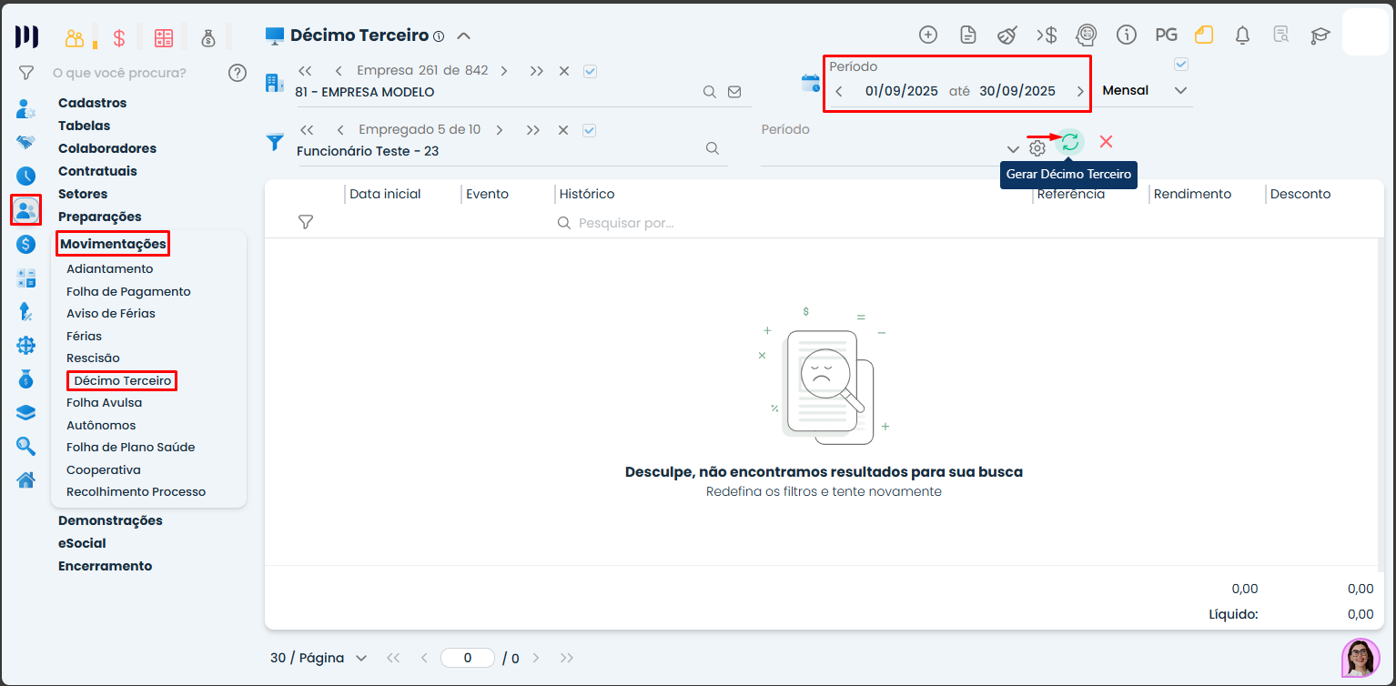 A imagem mostra como fazer o Adiantamento do Décimo Terceiro no Sistema Makro