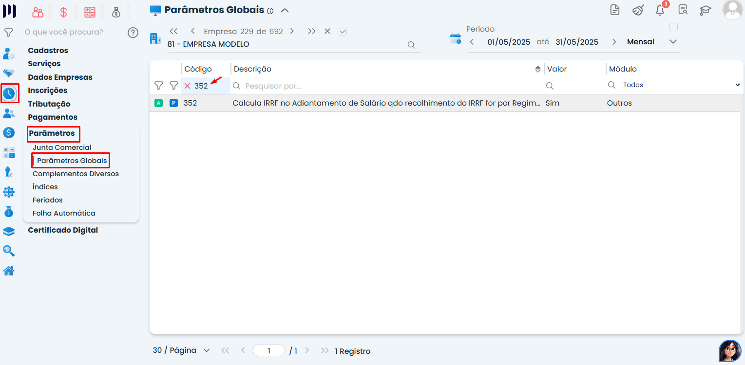 Essa imagem mostra o passo a passo de como acessar os Parâmetros Globais no Sistema Makro.