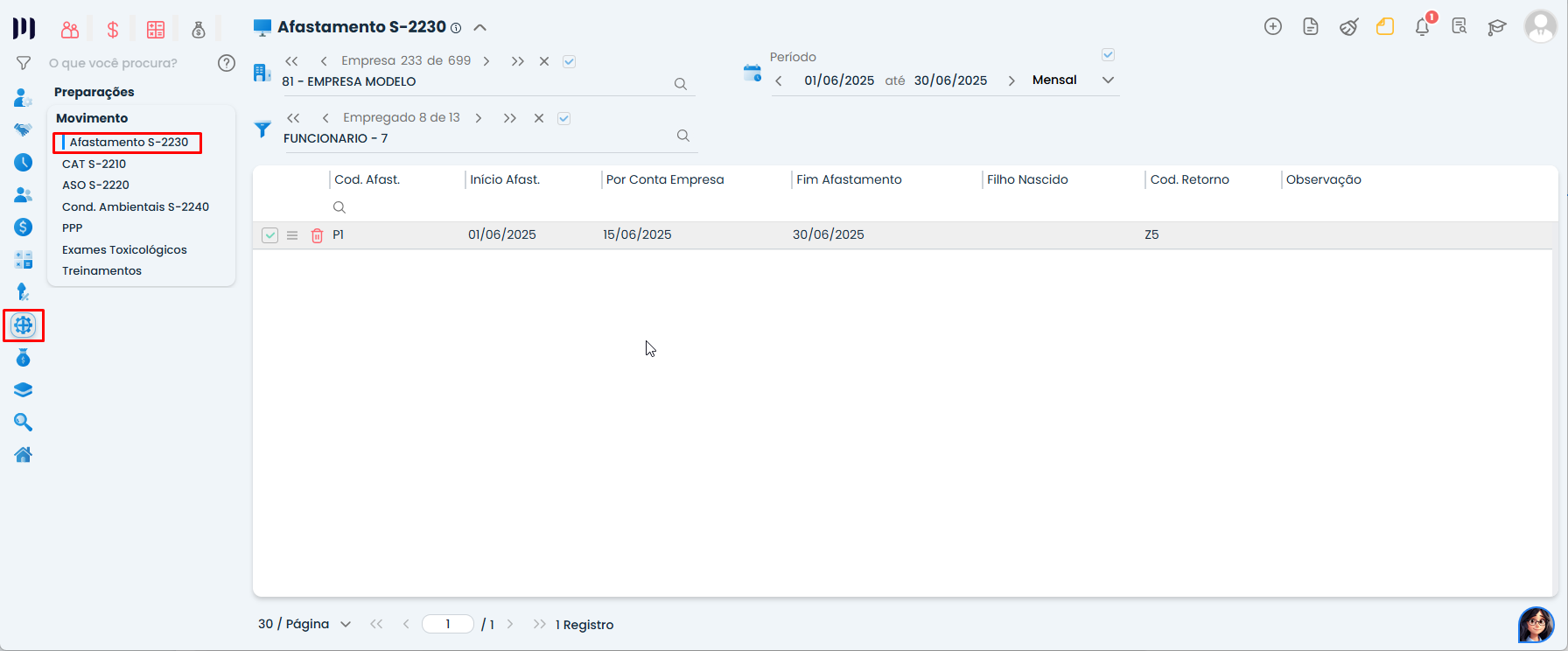 Essa imagem informa que você deve localizar o afastamento com erro e verificar o código do motivo informado.