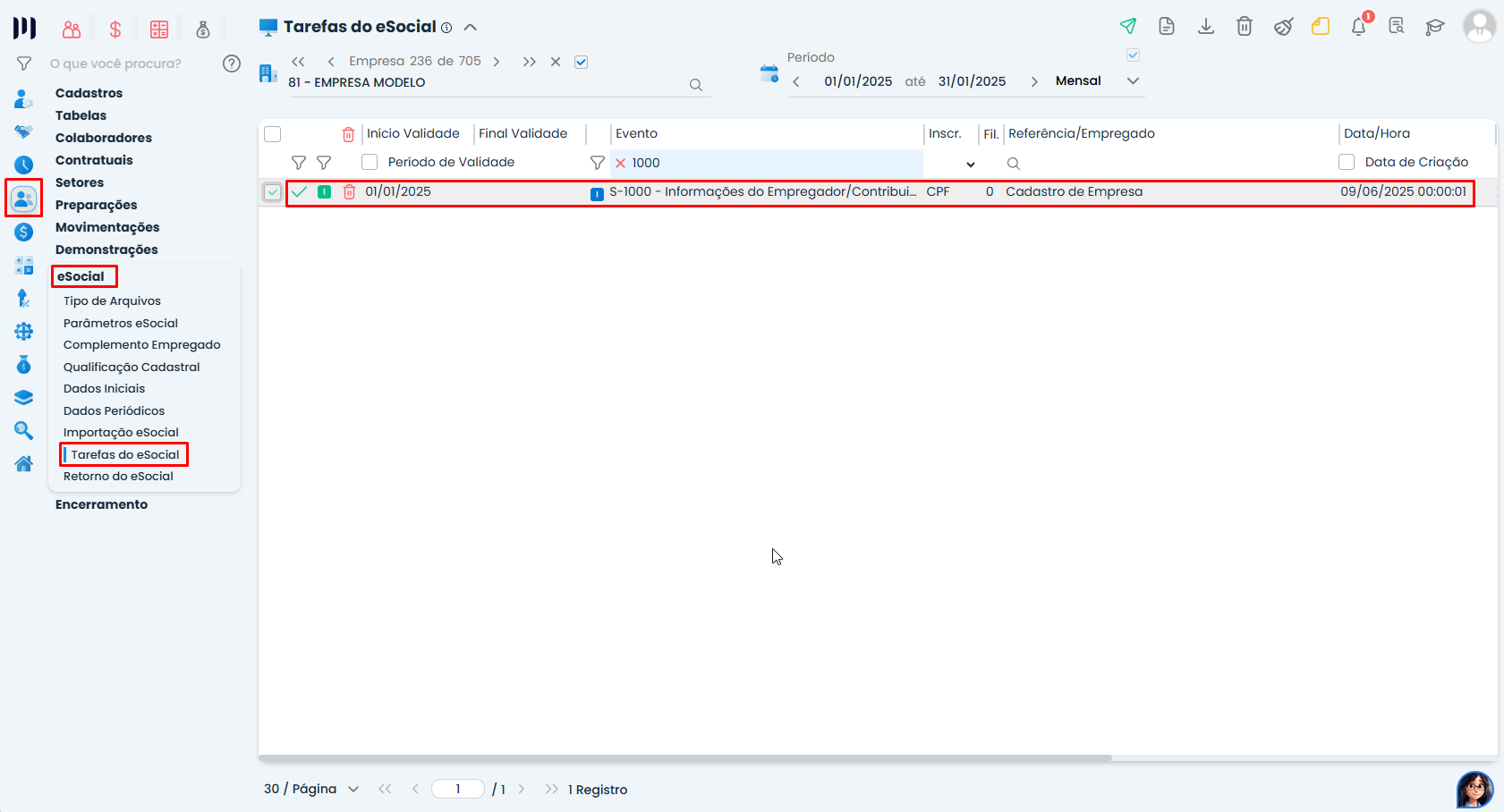 Essa imagem informa que você deve enviar novamente o evento S-1000 com a nova classificação tributária.