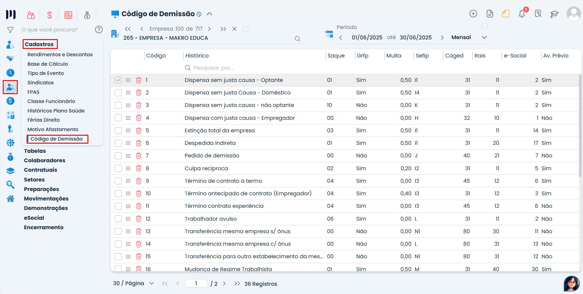 Essa imagem informa que você deve verificar o campo "Código de Demissão e-Social" para confirmar se o código está correto.