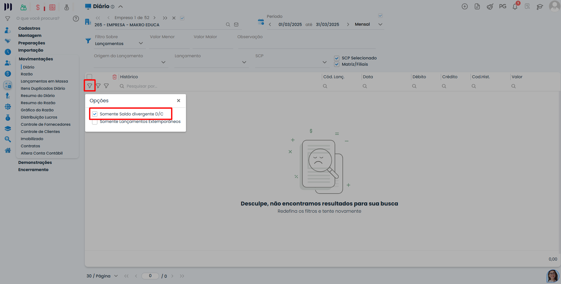 Esta imagem mostra a tela do sistema makro no processo de Validação: Total débito razão x Total crédito razão. Com destaque no Módulo contábil, movimentações, diário, filtro , somente saldo divergente D/C