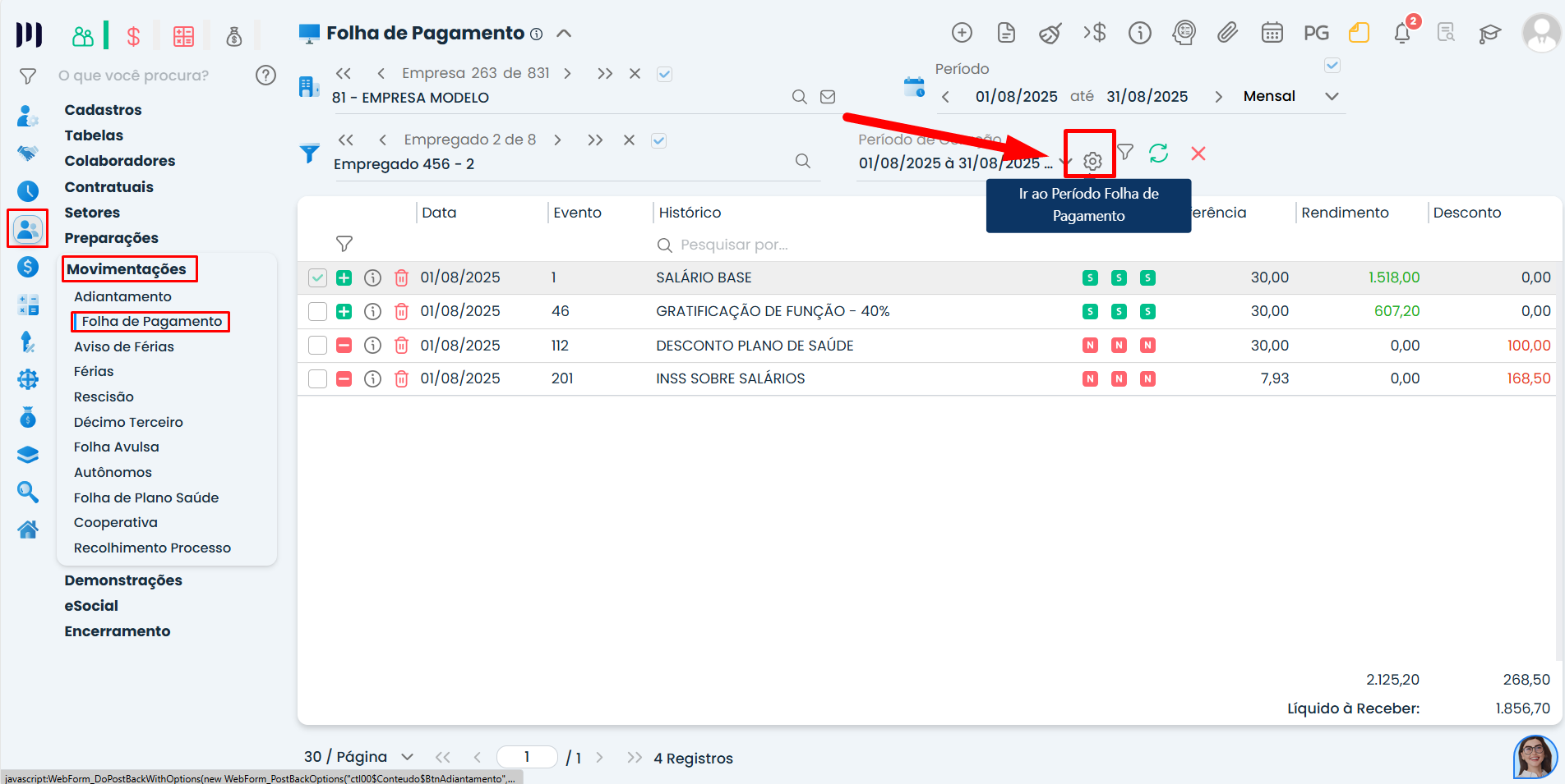 Visualização no Sistema Contábil Makro mostrando a verificação final da data de pagamento da folha no sistema após ajustes e antes do envio ao eSocial.