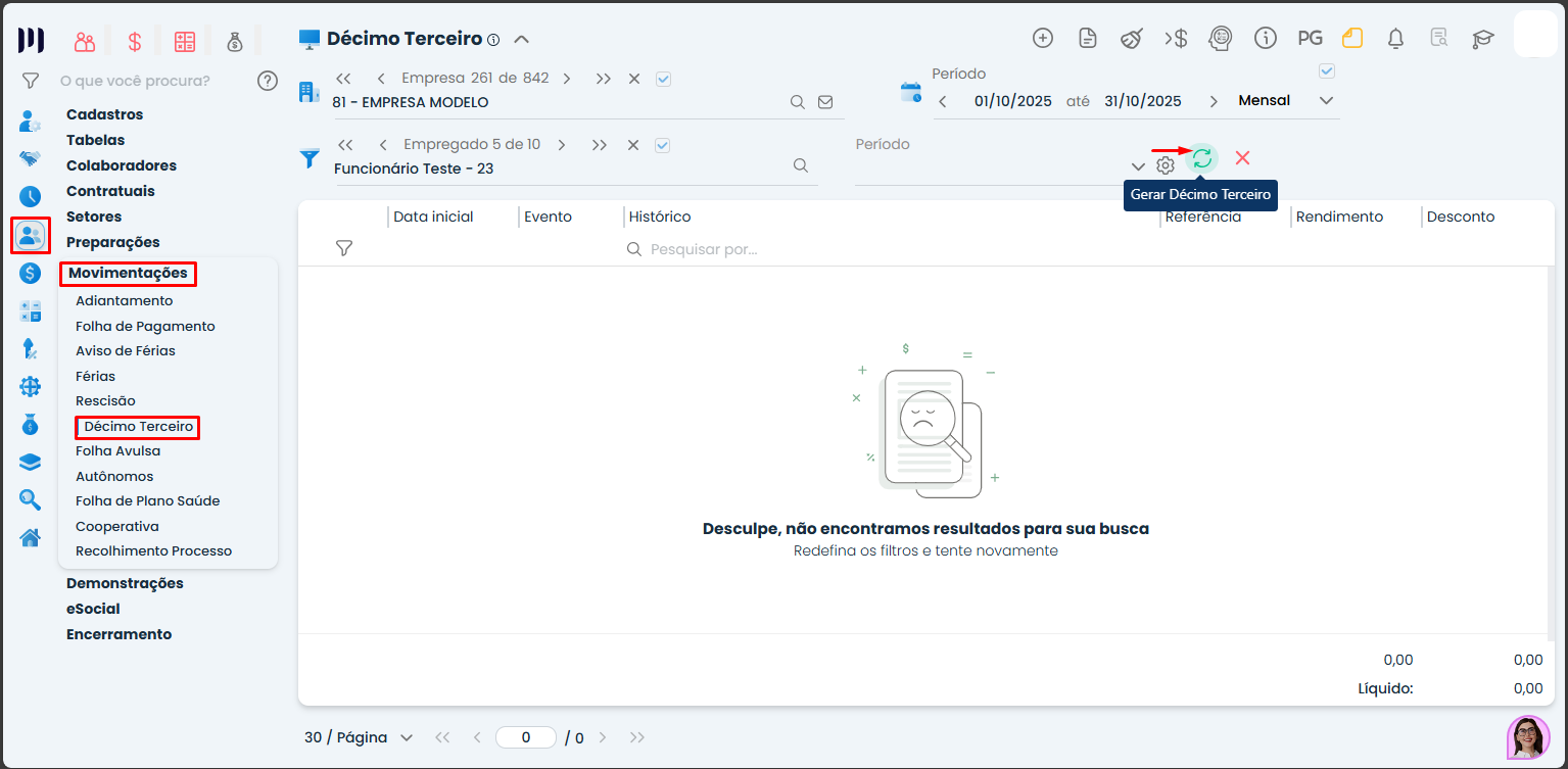 Tela do Sistema Contábil Makro exibindo o menu Décimo Terceiro e o botão para gerar a primeira parcela do 13º salário, destacando navegação e filtros ativos.
