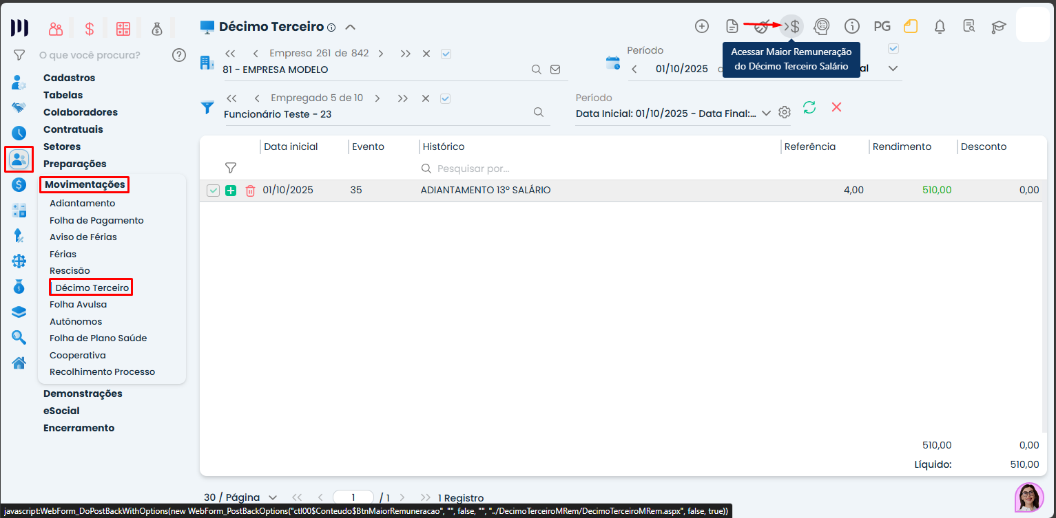 Visual do Sistema Contábil Makro apresentando registros do 13º salário e acesso às médias, destacando cálculo da primeira parcela do 13º salário.