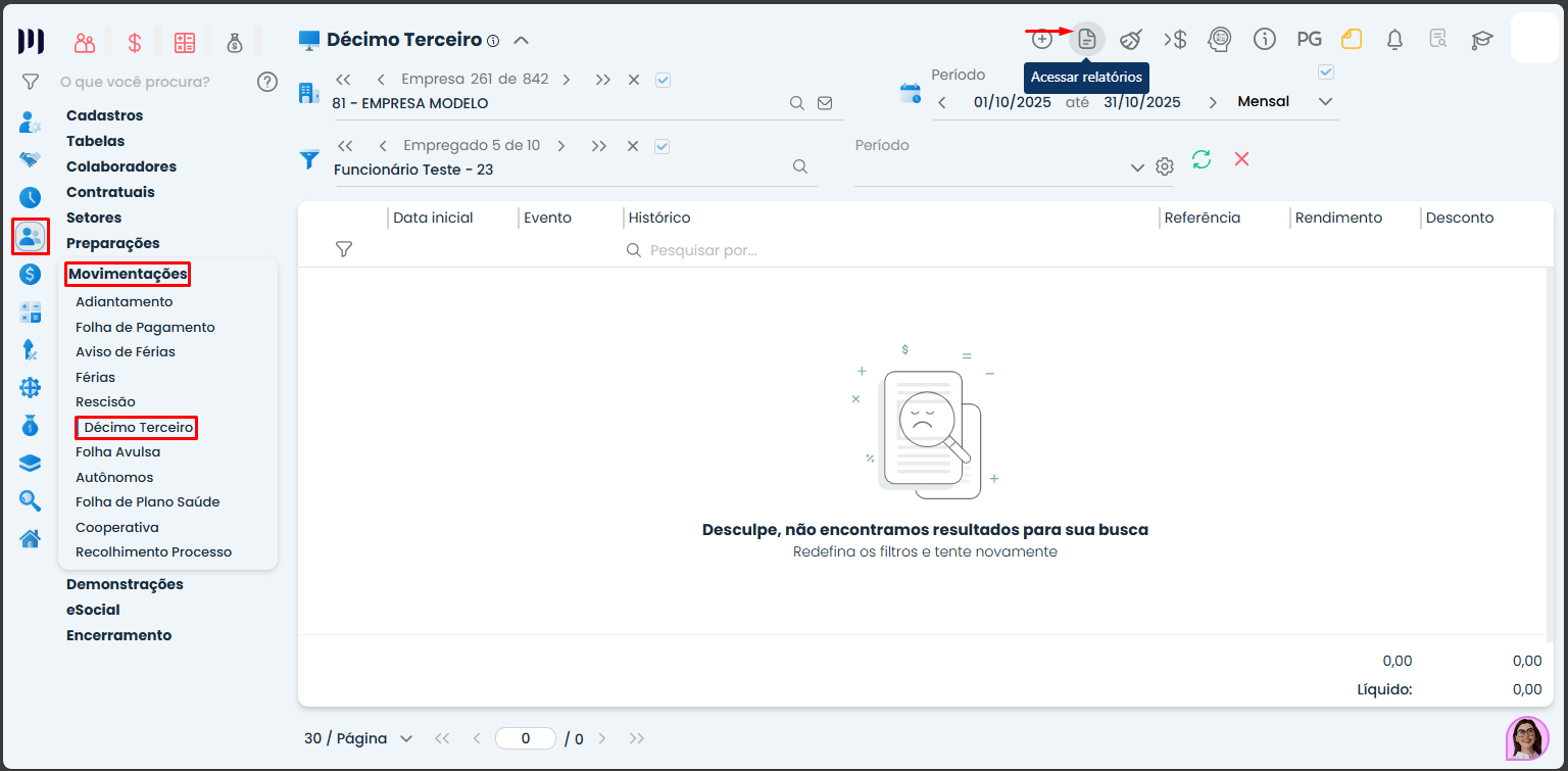 Tela do Sistema Contábil Makro com ícone de relatórios destacado, orientando o usuário a emitir o recibo após gerar a primeira parcela do 13º salário.