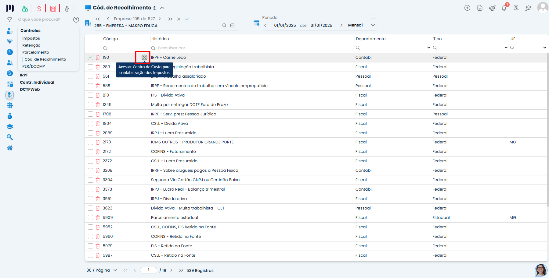 Essa imagem mostra o passo a passo para configurar o centro de custo.