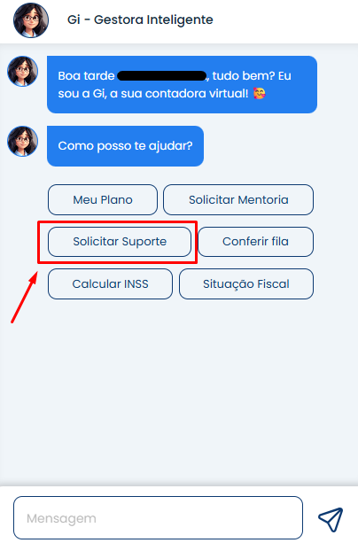 A imagem demonstra como solicitar suporte pela GI (Gestora Inteligente).