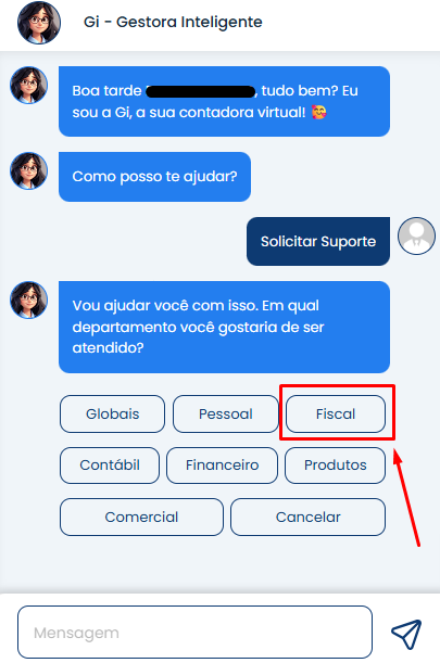 A imagem mostra como escolher o departamento do Suporte, nesse caso Fiscal.
