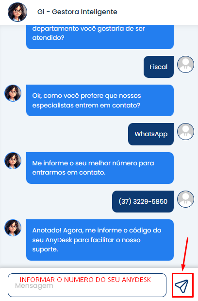 A imagem mostra como informar o numero do Anydesk para A GI