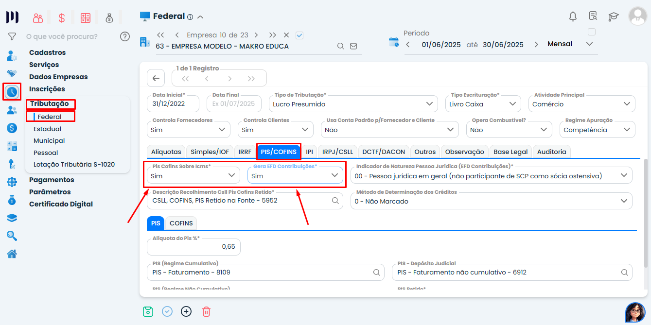 Essa imagem te mostra o passo a passo para gerar a apuração de PIS e COFINS no sistema Makro.