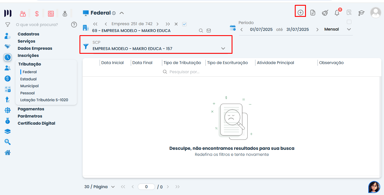 Esta imagem mostra uma tela do sistema makro com os itens em destaque: Módulo preparar ,tributações, Federal , SCP