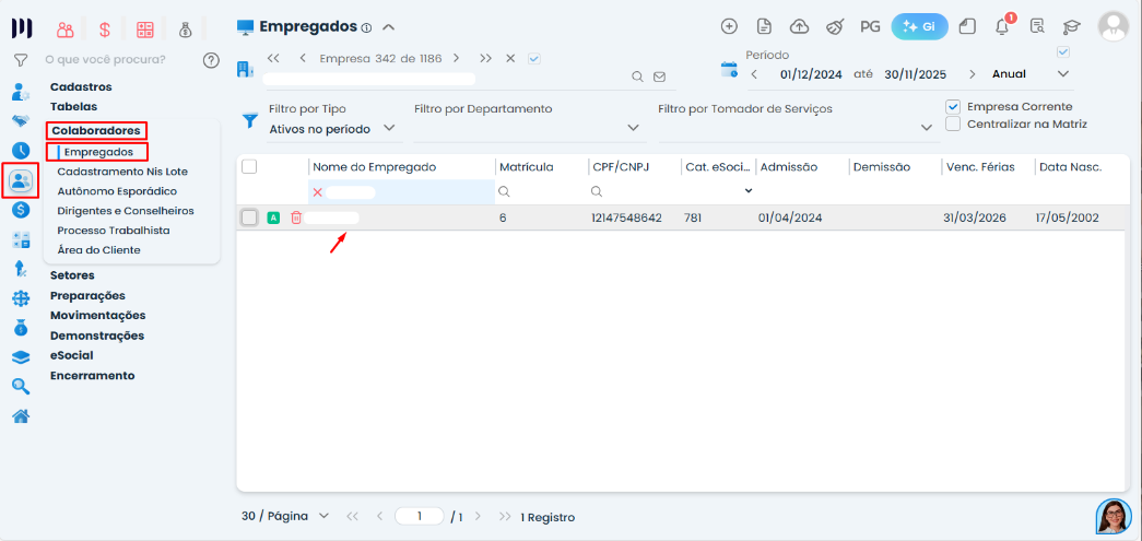Tela do Sistema Contábil Makro com menu de colaboradores destacado em empregados para acesso ao cadastro: vale transporte do funcionário