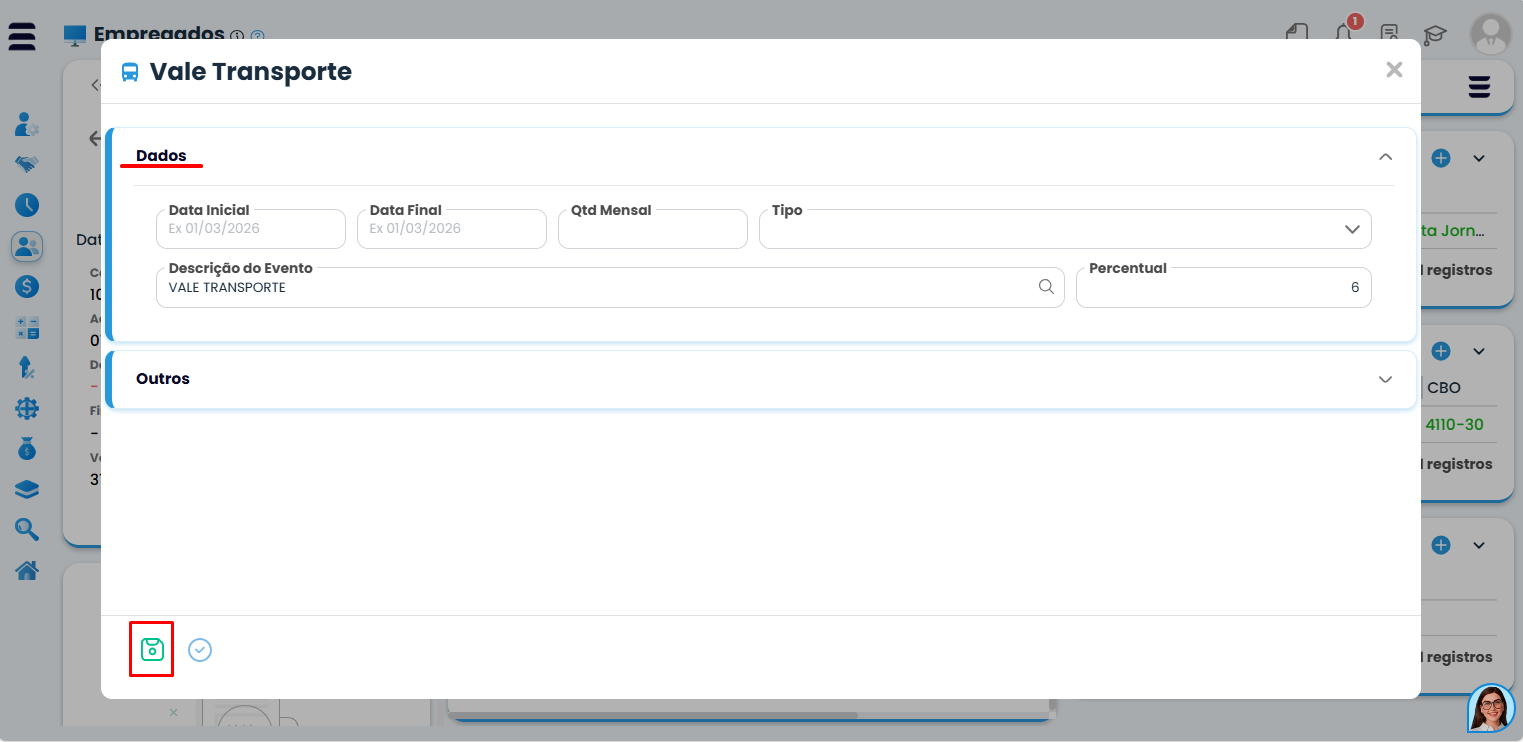 Janela de cadastro no Sistema Contábil Makro com campos de dados para preenchimento do cadastro: vale transporte incluindo tipo e percentual