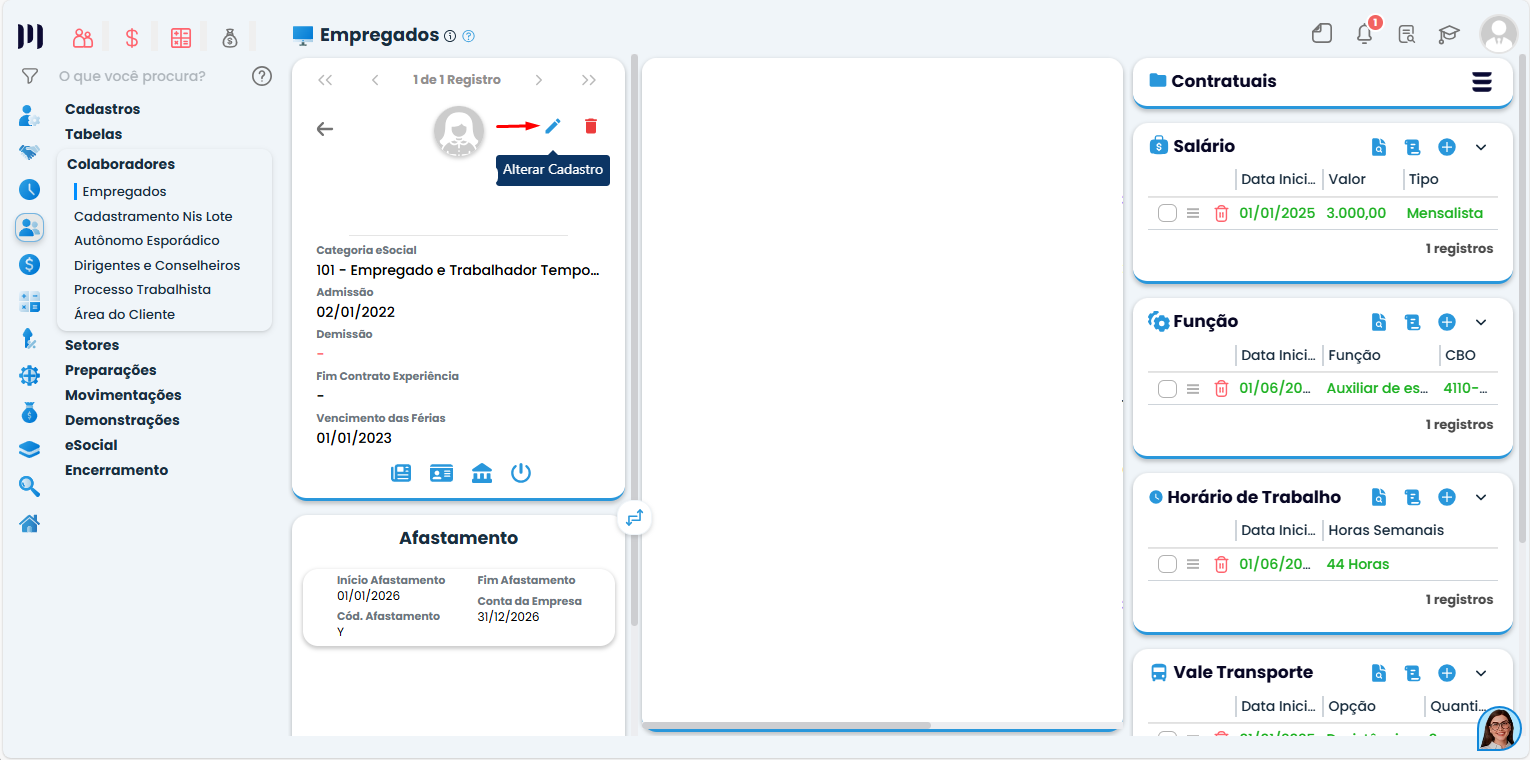 Painel de dados do empregado no Sistema Contábil Makro com botão de edição ativo para alterar cadastro e verificar vínculo do colaborador