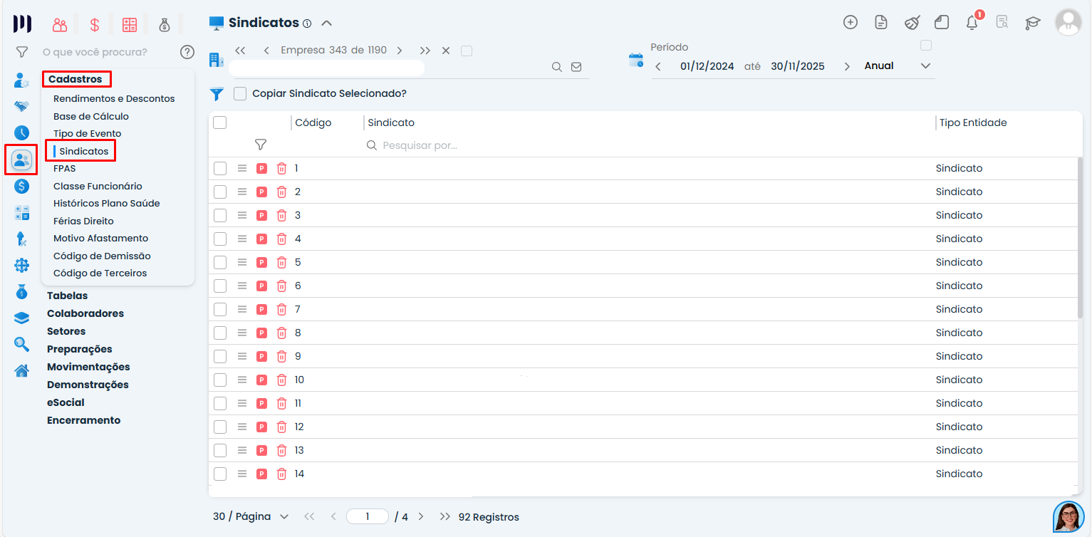Tela de sindicatos no Sistema Contábil Makro com menu Pessoal aberto, destacando acesso ao cadastro para desconto consignado na licença da maternidade