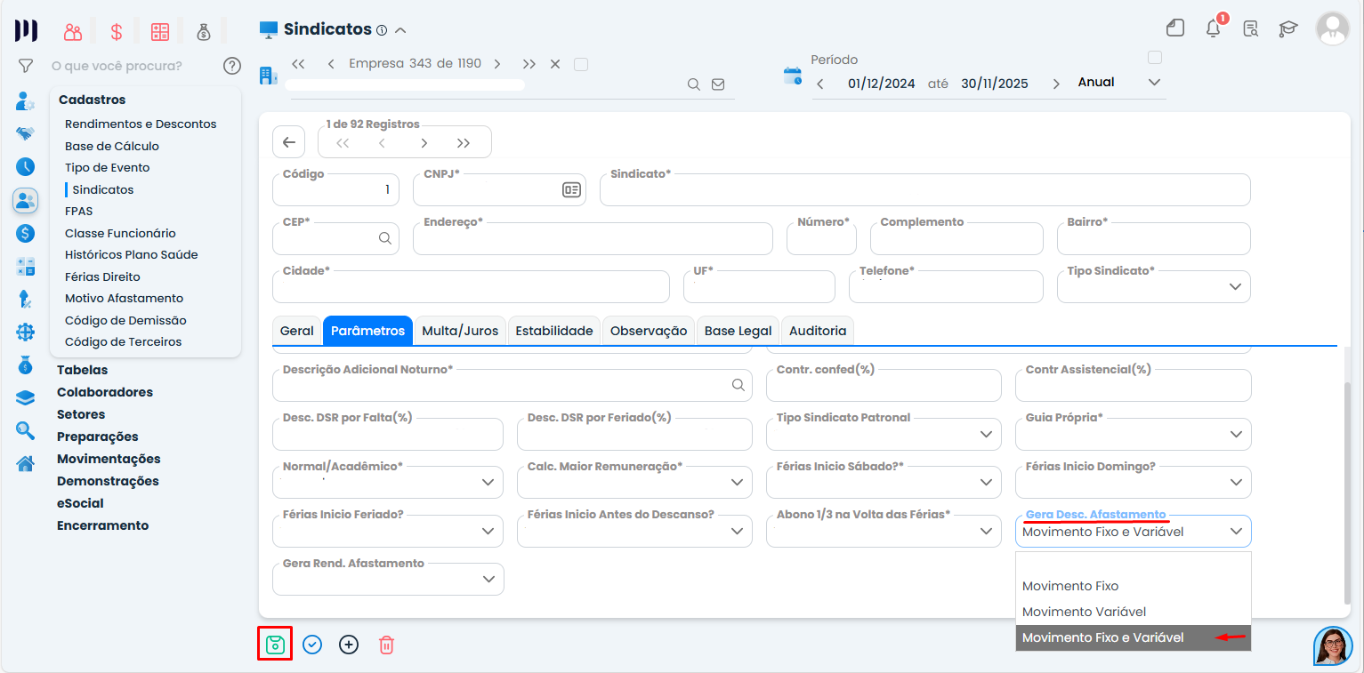Tela de parâmetros do sindicato no Sistema Contábil Makro com opção Mov Fixo e Variável selecionada para desconto consignado na licença da maternidade