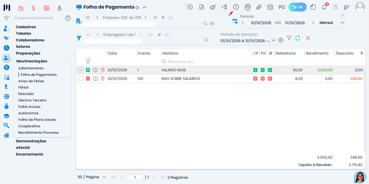 Tela do Sistema Contábil Makro exibindo folha de pagamento com eventos e rubricas informativas, destacando conferência de valores no S-1200