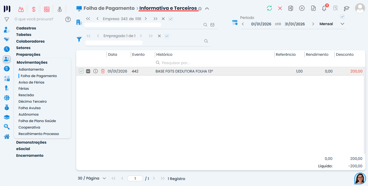Interface do Sistema Contábil Makro na aba informativa e terceiros com rubricas informativas exibidas para validação no evento S-1200