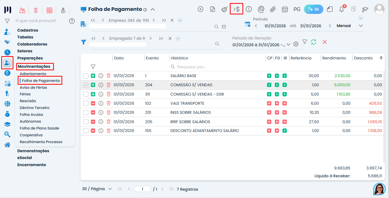 Tela do Sistema Contábil Makro exibindo menu de folha com acesso à remuneração da folha de pagamento e eventos listados para conferência detalhada