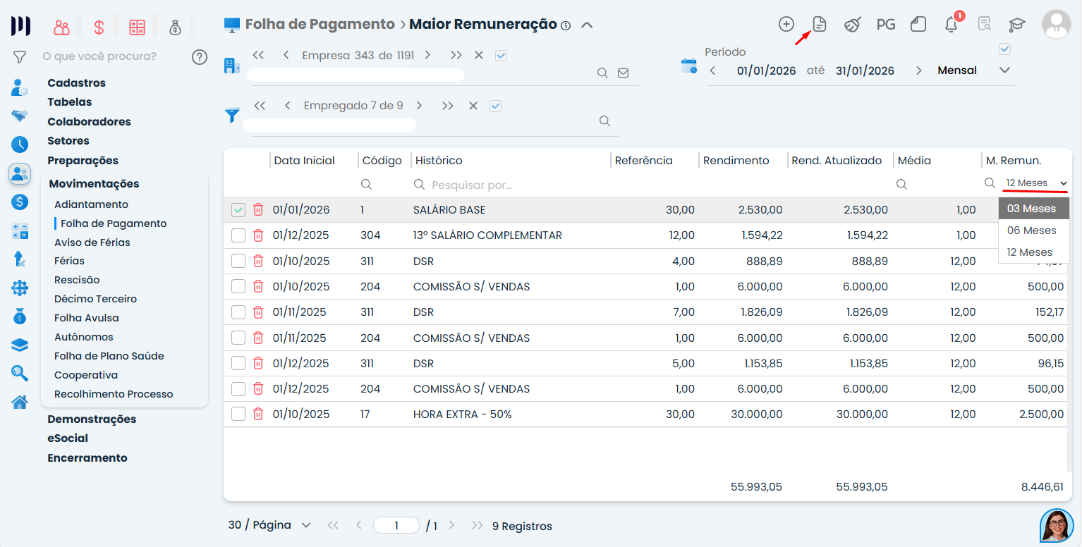 Tela do Sistema Contábil Makro mostrando relatório de maior remuneração da folha de pagamento com valores, médias e filtros por período de meses