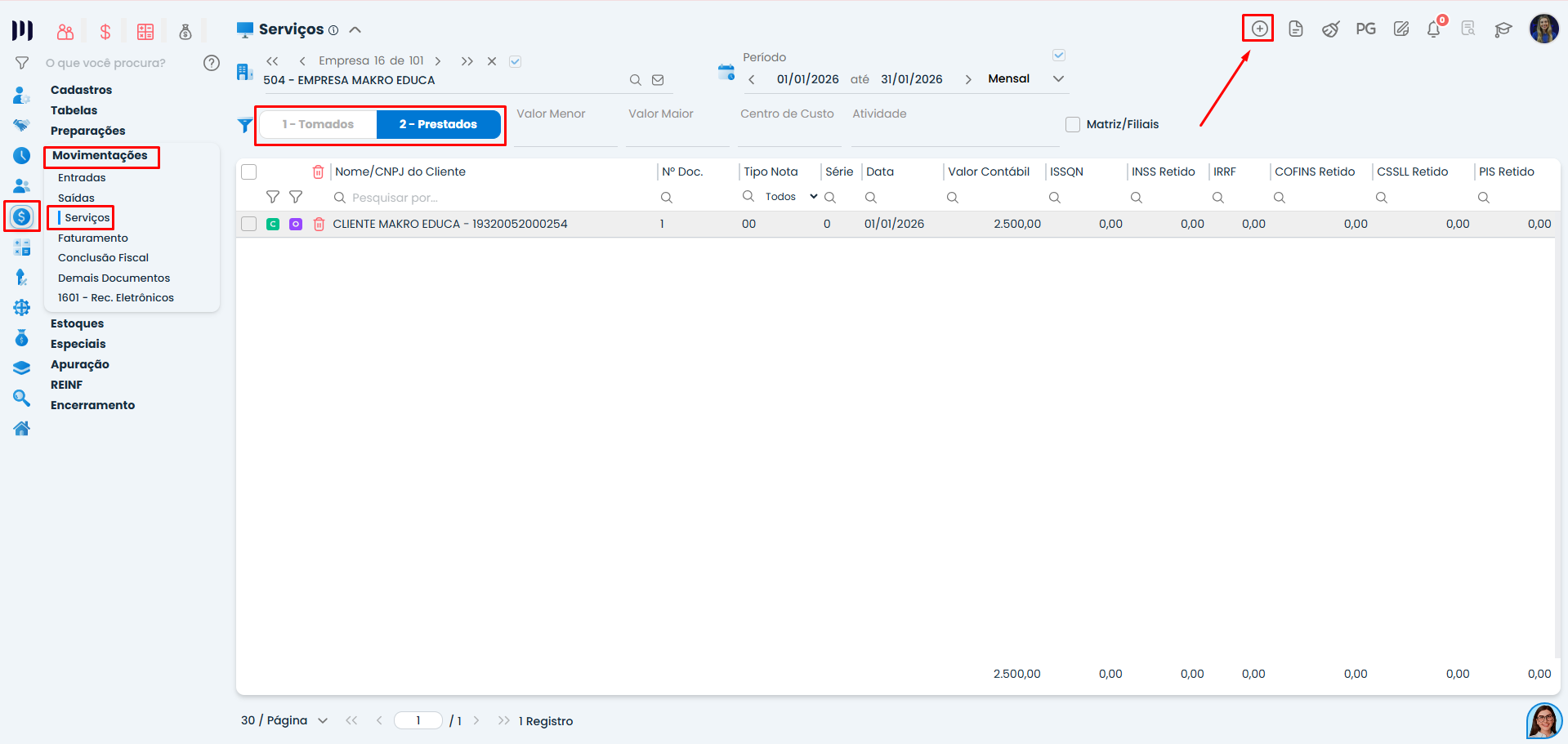 Tela do Sistema Contábil Makro exibindo menu Serviços com opção de inclusão destacada para lançamento manual de notas de serviços no sistema.